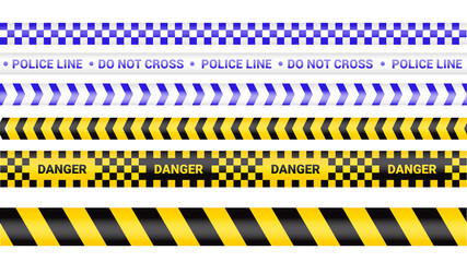 Police tape, crime danger line. Caution police lines isolated. Warning barricade tapes. Set of warning ribbons. Vector illustration on white background.