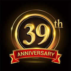 39th golden anniversary logo with ring and red ribbon. Vector design template elements for your birthday celebration.