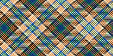 Motley fabric texture of traditional checkered diagonal tartan repeatable ornament, light and dark squares with blue, green, orange stripes for plaid, tablecloths, shirts, clothes, dresses, bedding