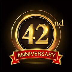 42nd golden anniversary logo with ring and red ribbon. Vector design template elements for your birthday celebration.