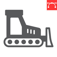 Bulldozer glyph icon, construction and vehicle, bulldozer sign vector graphics, editable stroke solid icon, eps 10.