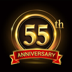 55th golden anniversary logo with ring and red ribbon. Vector design template elements for your birthday celebration.