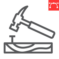 Hammer with nail line icon, construction and industry, hammer sign vector graphics, editable stroke linear icon, eps 10.