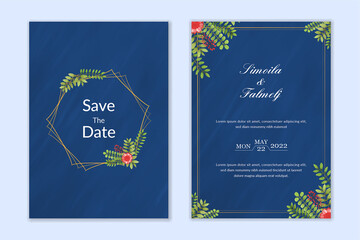 Flower wedding card design with watercolor leaves decoration