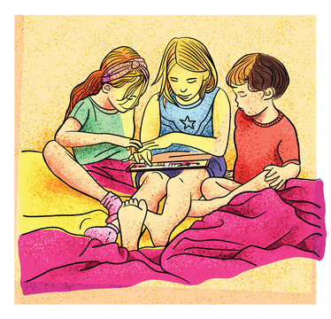 Illustration Of Three Kids Play Together With A Tablet. A Colorful Handmade Drawing With Black Contours.