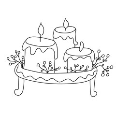 Burning candles decorated with berries on  twigs are on a tray in doodle sketch style. Vector hand drawn Christmas illustration  on white background. Isolated black outline.