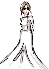 hand drawn fashion sketch of young beautiful woman in sunglasses and in dress standing isolated on white