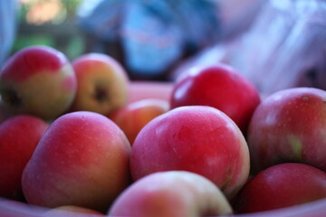 Harvested ripe red garden apples.
