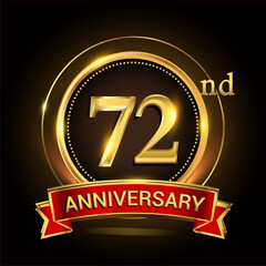 72nd golden anniversary logo with ring and red ribbon. Vector design template elements for your birthday celebration.