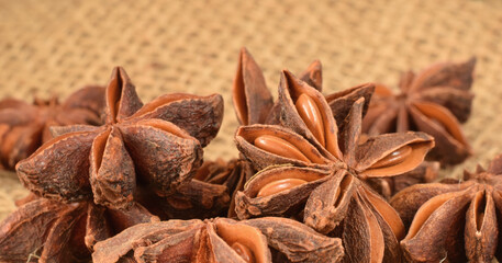 anise stars closed up on textured brown background