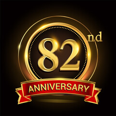 82nd golden anniversary logo with ring and red ribbon. Vector design template elements for your birthday celebration.