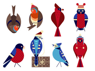 Christmas Birds in Funny Hats Icons Set