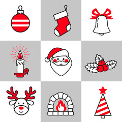Vector set icon for Christmas and New Year design. Template for invitation, card. Isolated elements in a simple contour style