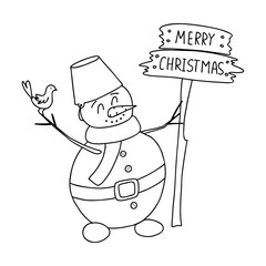 Snowman in a scarf with a wooden sign Merry Christmas in Doodle style. The sketch is hand-drawn and isolated on white. Element of new year and design. Outline drawing. Black-white vector illustration