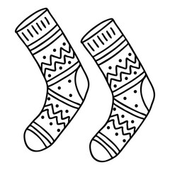 A pair of warm socks with a Doodle pattern. The sketch is hand-drawn and isolated on a white background. Element of new year and Christmas design. Outline drawing. Black-white vector illustration