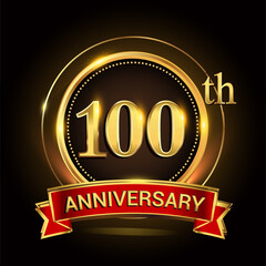 100th golden anniversary logo with ring and red ribbon. Vector design template elements for your birthday celebration.