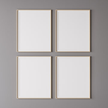 Four wooden vertical frame mockup on gray wall. 3d render.
