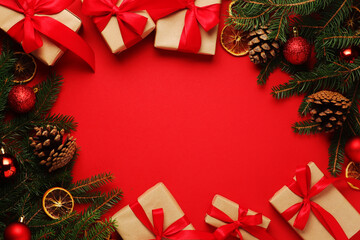 Bright New Year background with packed gifts