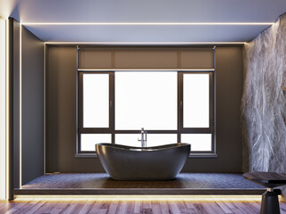 Interior of modern bathroom with stone decorative wall,wooden floor and lighting.3D illustration