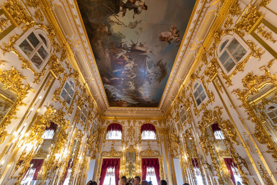 Peterhof , Saint Petersburg, Russia - 16 November, 2019: Interior of Peterhof Palace, commissioned by Peter the Great. Amazing room, walls and ceiling decorated with baroque gold ornaments
