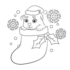 Cute doc in Christmas sock decorated with snowflake line art. Children coloring page.