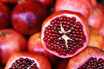 Pomegranate fruits. Fruit trade in the market. Close-up