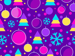 Christmas seamless pattern. Christmas balls in a linear style, snowflakes and geometric Christmas trees made of triangles in the 80s style. Vector illustration