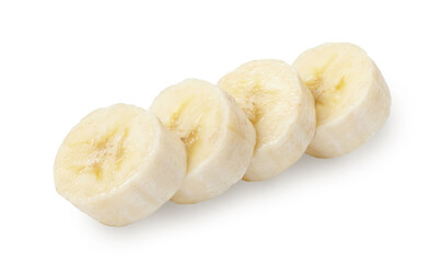 Peeled and chopped banana isolated on white background. Full depth of field.