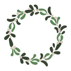 Merry Christmas and Happy New Year vector stock illustration in flat style. Greeting card element with winter floral. Christmas wreath isolated on white background for your winter design.