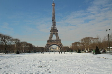 eiffel tower on the snow in paris france