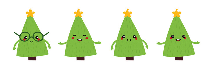 Set, collection of cute and smiling green christmas tree characters for Christmas and winter design.