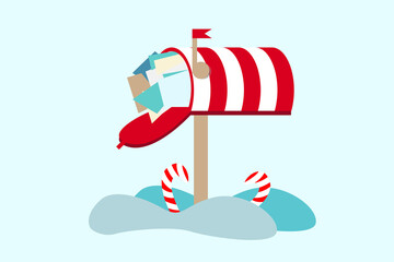 Cute vector illustration of santa's mailbox and snow. Winter theme. Letter for santa claus merry christmas and happy new year. Christmas red box.
