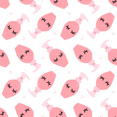 Female hygiene products in pink bottles. Liquid soap, hand gel, sanitizer in bottles vector cartoon style seamless pattern background.
