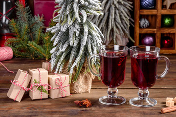 Hot mulled wine for winter and Christmas with various spices