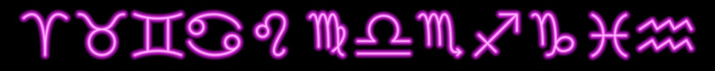 Set of pink neon zodiac signs. Predictions, astrology, horoscope.
