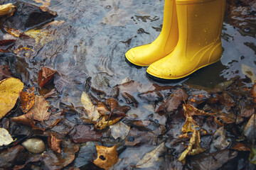 Feet of child in yellow rubber boots jumping in puddle at the autumn day.