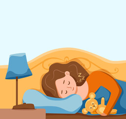 Kid sleep in bed at night vector illustration. Gir childl in pajama having a sweet dream in bedroom.