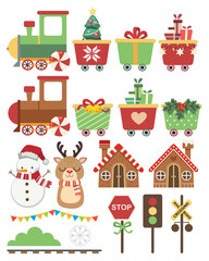 The collection of cute christma train in flat vector style.Graphic resource about christmas and holiday
for graphic,content , banner, sticker label and greeting card.