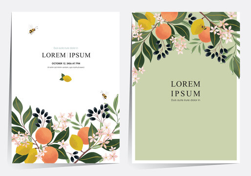 Vector illustration of a beautiful floral frame set with fruits. Design for cards, party invitation, Print, Frame Clip Art and Business Advertisement and Promotion