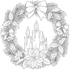 christmas wreath with candles black and white illustration for coloring