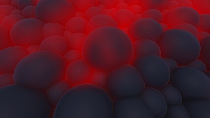 Abstract background of black spheres glowing red light 3d illustration