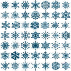 Set of 49 snowflakes. Collection of vector icons of winter blue on white background.