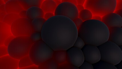 Abstract background of black spheres glowing red light 3d illustration