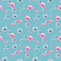 Christmas watercolor peppermint candy seamless pattern on blue background. Ideal for scrapbooking, wrapping, fabric, textile, background. Winter holidays