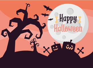 happy halloween lettering card with pumpkins in cemetery at night scene