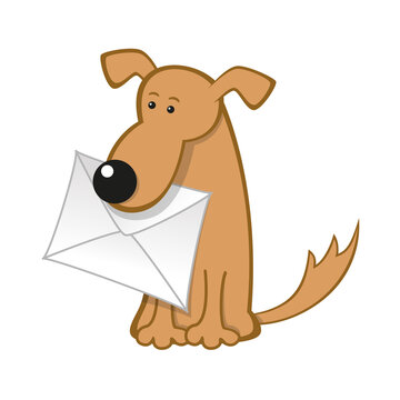 Cartoon postal dog with envelope. Vector illustration isolated on white background. Design for email, post or delivery service.