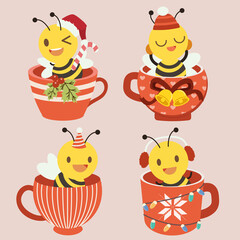 The collection of cute bee in the christmas cup in flat vector style. 
Graphic resource about christmas theme for graphic,content , banner, sticker label and greeting card.