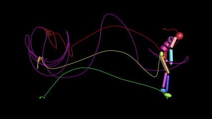 Motion capture paths of jumping man.3d character jumping. Motion path lines indicate positions of head , hand ,  pelvis and foot as it moves through time and space.  3d animation render
