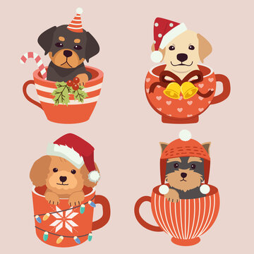 The collection of cute dog sitting in the mup cup withh christmas party theme. Graphic resource for graphic,content , banner, sticker label and greeting card.