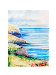 Aquarelle painting of sea side. Art illustration.